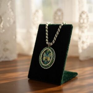 Hand Crafted Beaded Butterfly Medallion Pearl Necklace White Green Blue